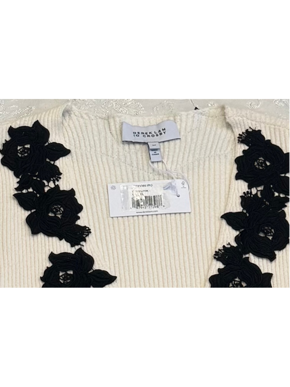 Derek Lam 10 Crosby Maes Lace Trim Ribbed Cardigan Blanc de Blanc Black Small NW - Picture 7 of 7